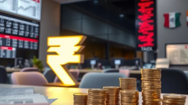 Rupee symbol and coins on a desk in a stock market setting, representing Sebi margin relief
