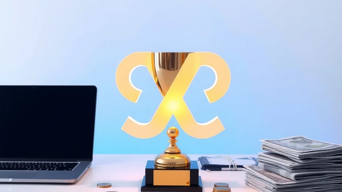 Trophy beside a laptop with abstract digital shapes, representing a regulator technology hackathon win