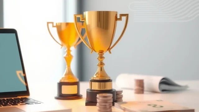 Trophy beside a laptop and coins with circuit patterns, representing an AI investor education award