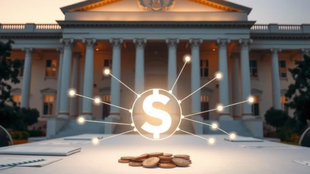 Abstract data network above a conference table in front of a government building, representing an SEC roundtable on data and