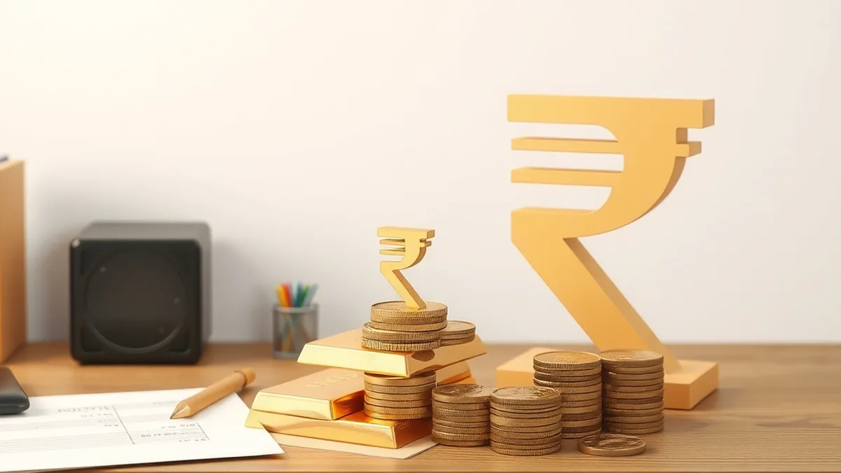 Gold bars and coins beside a rupee symbol, representing Sovereign Gold Bond redemption