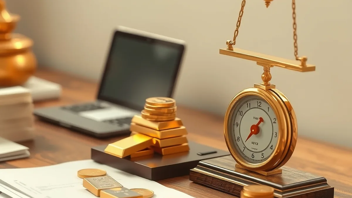 Gold bars and coins beside a weighing scale, representing Sovereign Gold Bond redemption