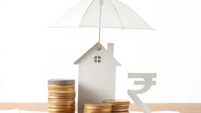 Umbrella over a small house model beside coins and a rupee symbol, representing life insurance