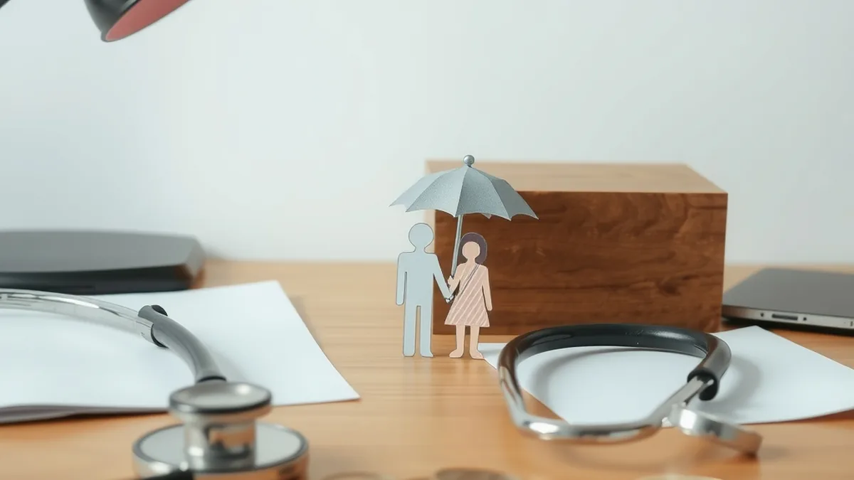 Family figures under an umbrella beside a stethoscope, symbolising term insurance riders