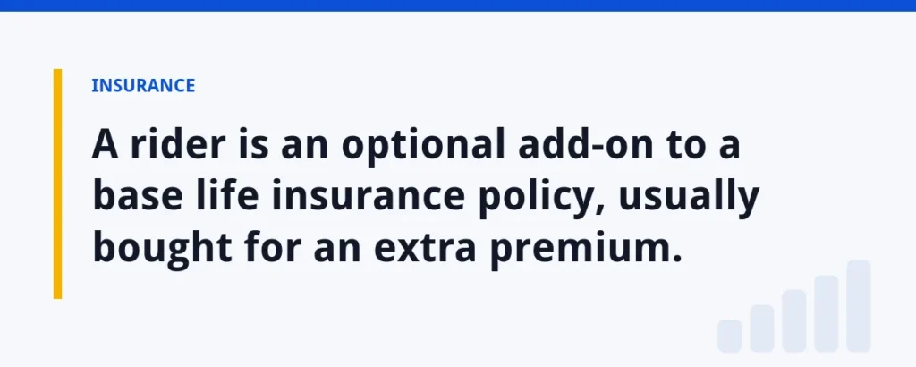 A rider is an optional add-on to a base life insurance policy, usually bought for an extra premium.