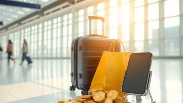 Airport departure area with shopping bags and a smartphone, representing tourist VAT refunds in the UAE