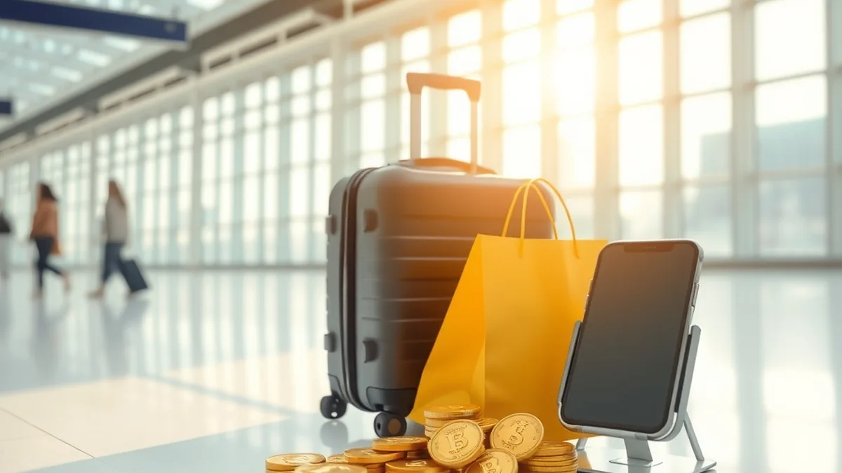 Airport departure area with shopping bags and a smartphone, representing tourist VAT refunds in the UAE