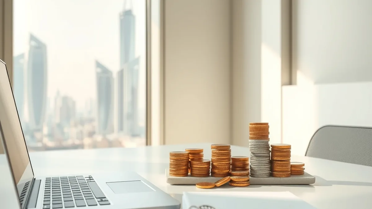 Office desk with laptop and coins symbolising business invoicing in the UAE