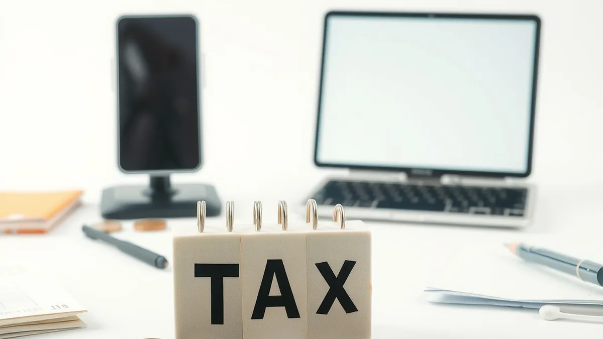 A clean business desk scene with a calendar-style block and coins, suggesting a tax deadline