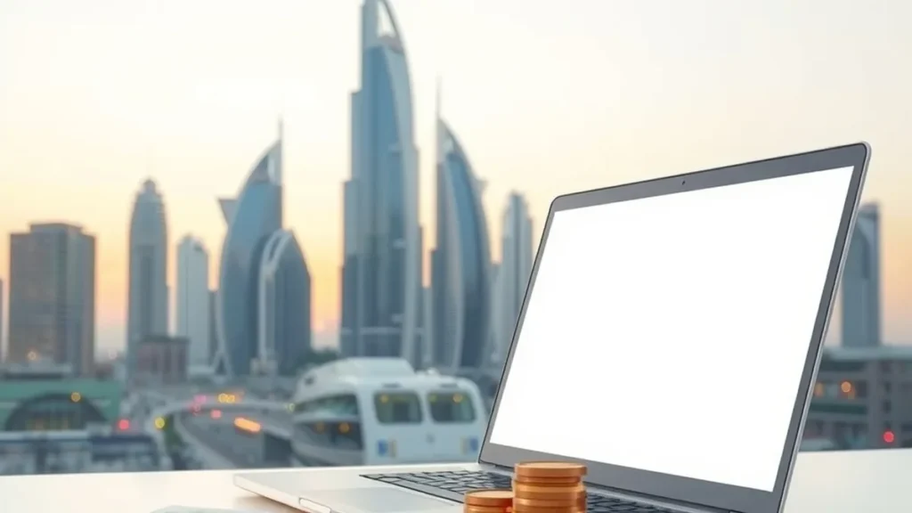 Gulf city office skyline at dusk with coins on a desk, representing UAE business compliance