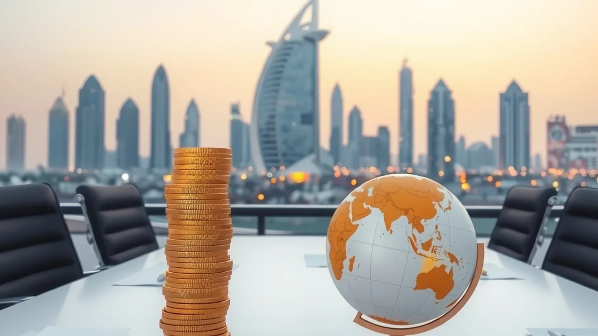Gulf city skyline with coins and a globe on a table, representing UAE finance news