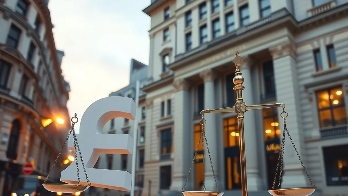 Scales and a pound symbol in front of a London-style financial district, illustrating UK financial regulation