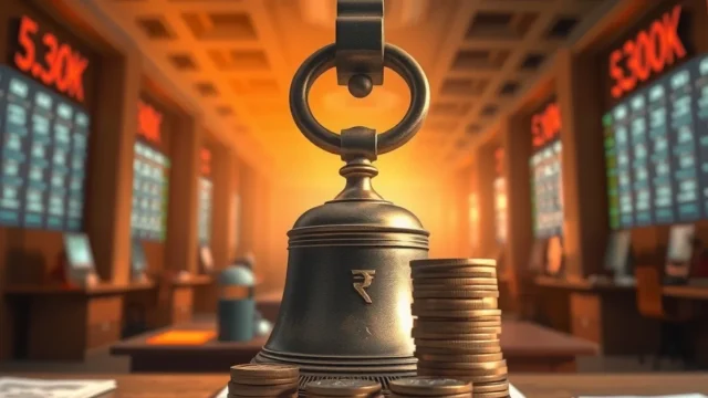 Bell and coins in a stock exchange hall, representing an IPO listing