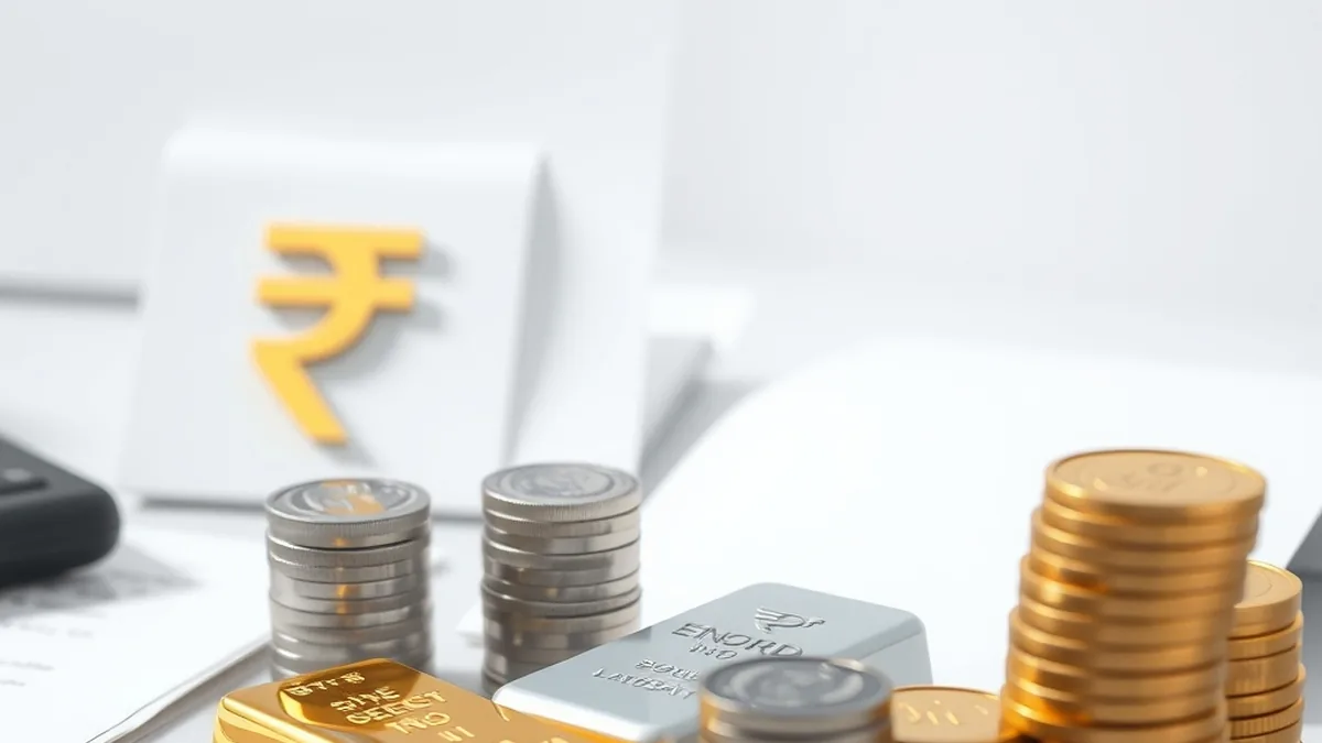 Gold and silver bars with coins and a rupee symbol, illustrating what is MCX commodity trading