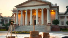 Scale and coins in front of a columned building, representing a securities regulator