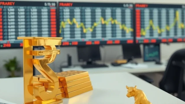 Bull and bear figurines beside a rupee symbol, representing the Sensex stock index