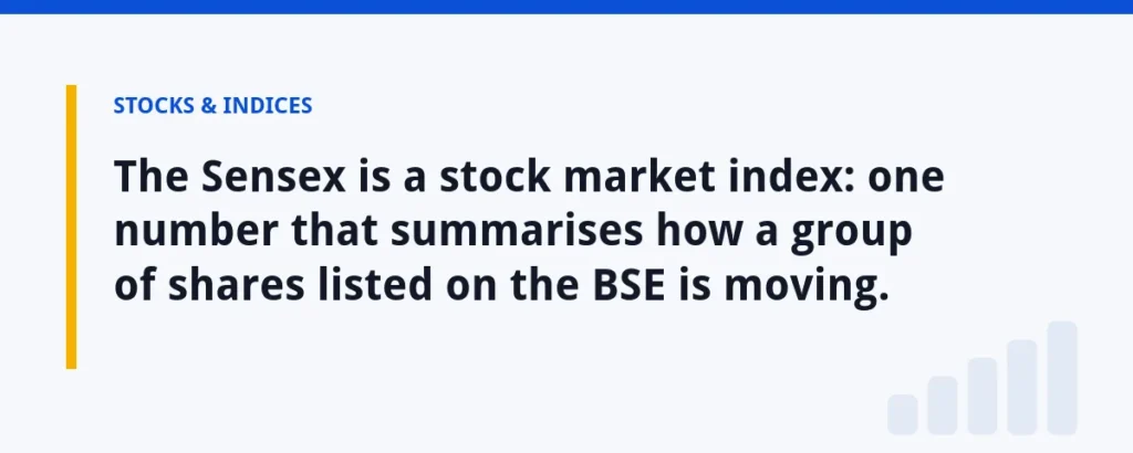 The Sensex is a stock market index: one number that summarises how a group of shares listed on the BSE is moving.