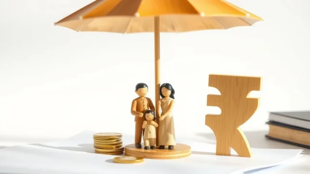 Family figurines under an umbrella beside coins, illustrating term insurance protection for dependants