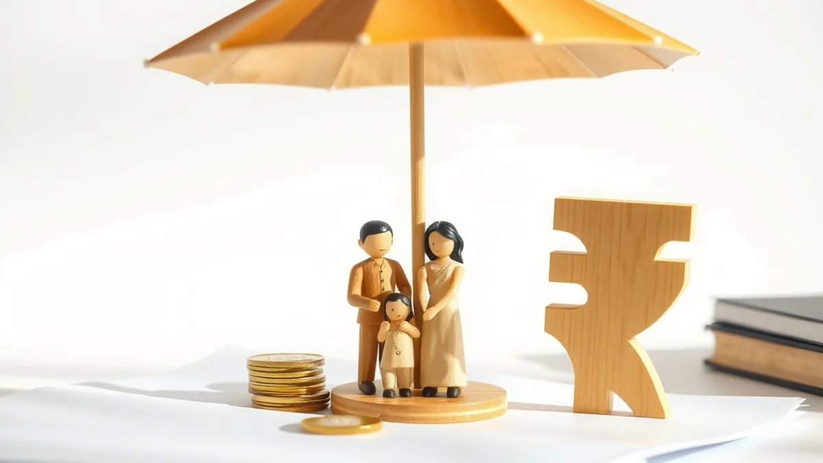 Family figurines under an umbrella beside coins, illustrating term insurance protection for dependants