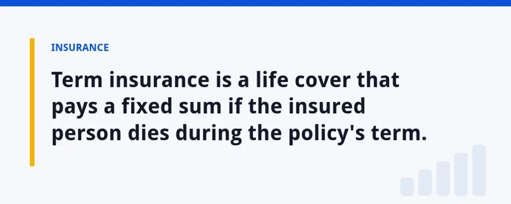 Term insurance is a life cover that pays a fixed sum if the insured person dies during the policy's term.