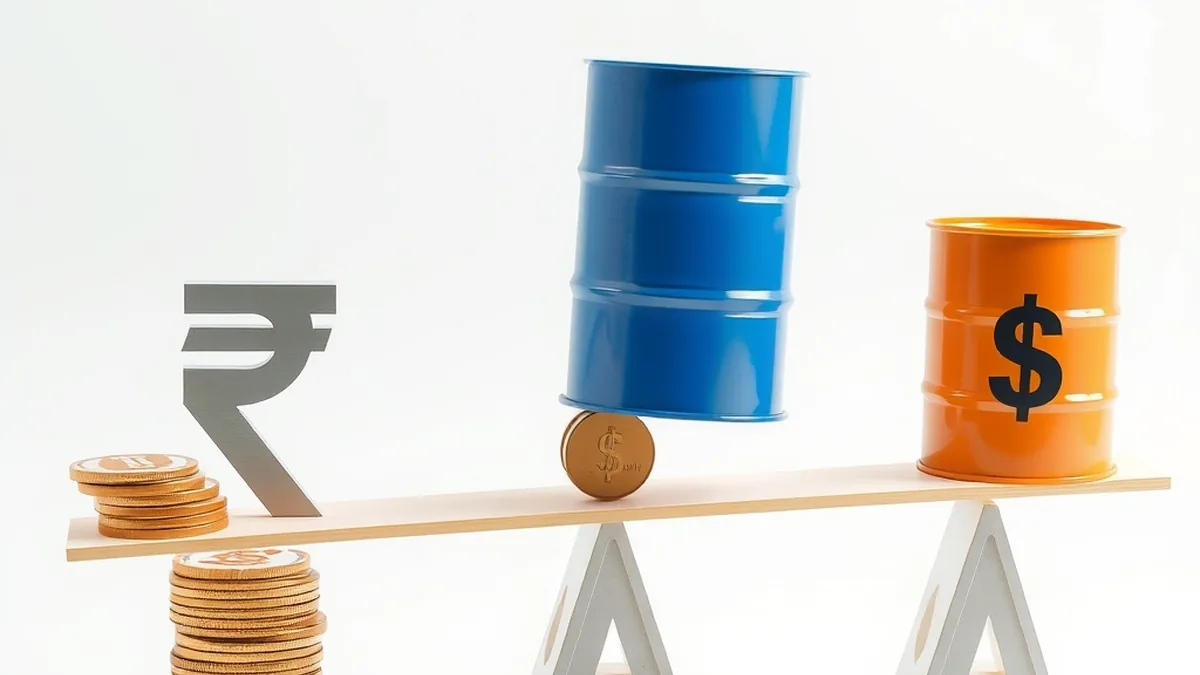 Rupee and dollar symbols on a seesaw beside an oil barrel, depicting currency movement